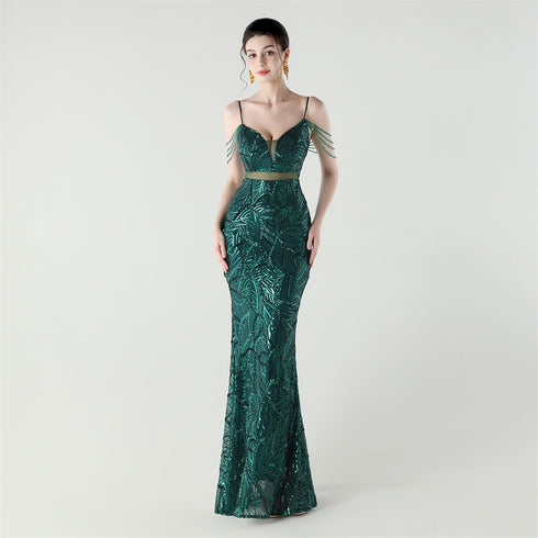 Graceful Sequin Embellished Mesh Mermaid Maxi Dress